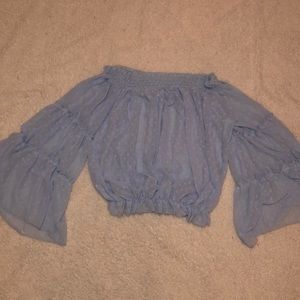 Baby blue off the shoulder sheer bell sleeve top